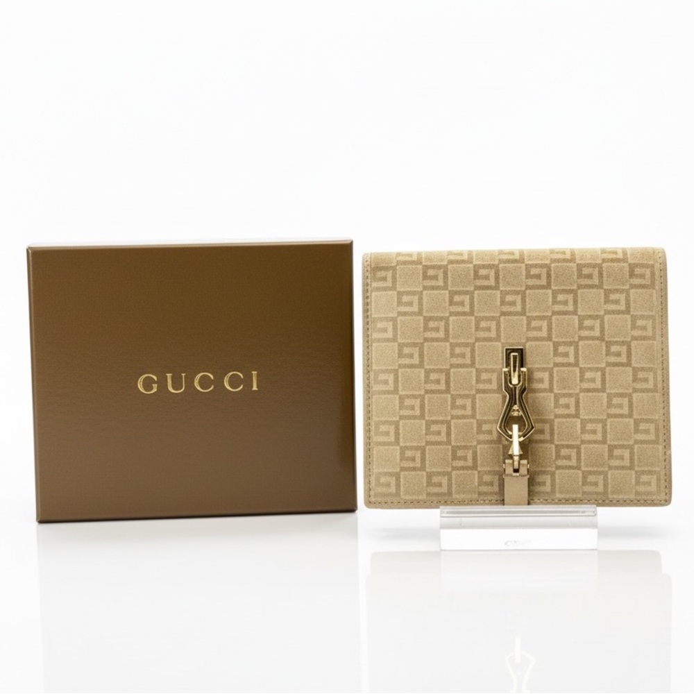Gucci Vintage Tan Monogram Suede and Leather Bifold Wallet